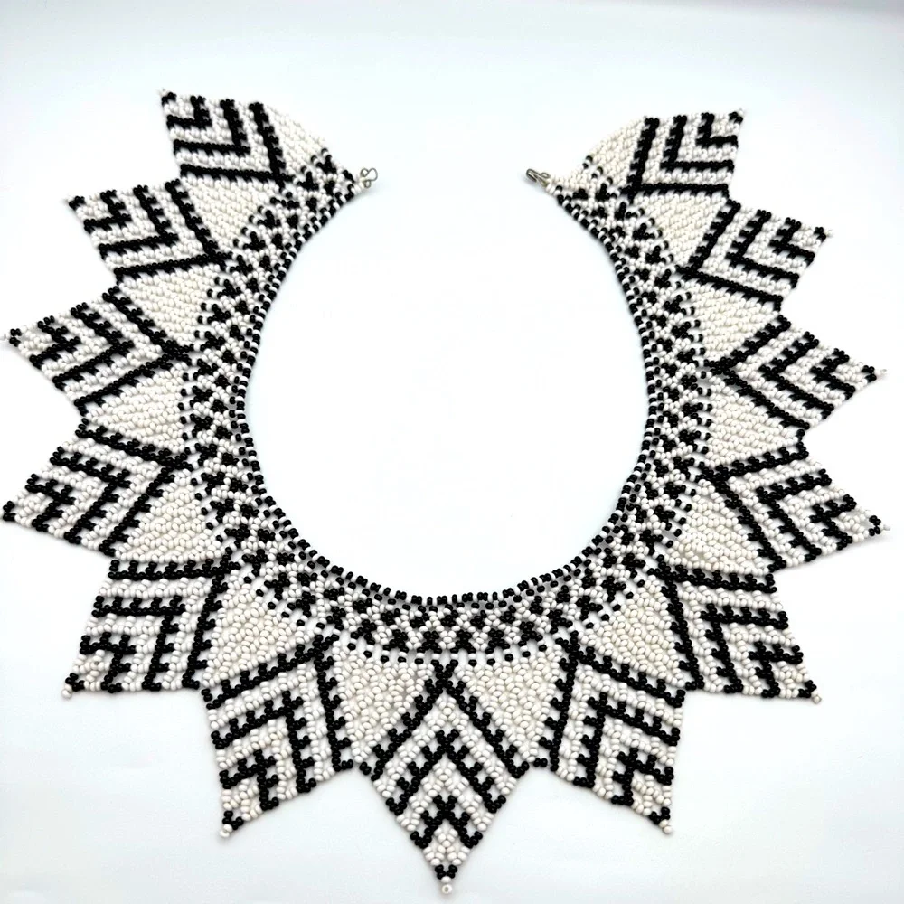 Hand Beaded Black & White Tribal Collar Necklace Statement Bib
